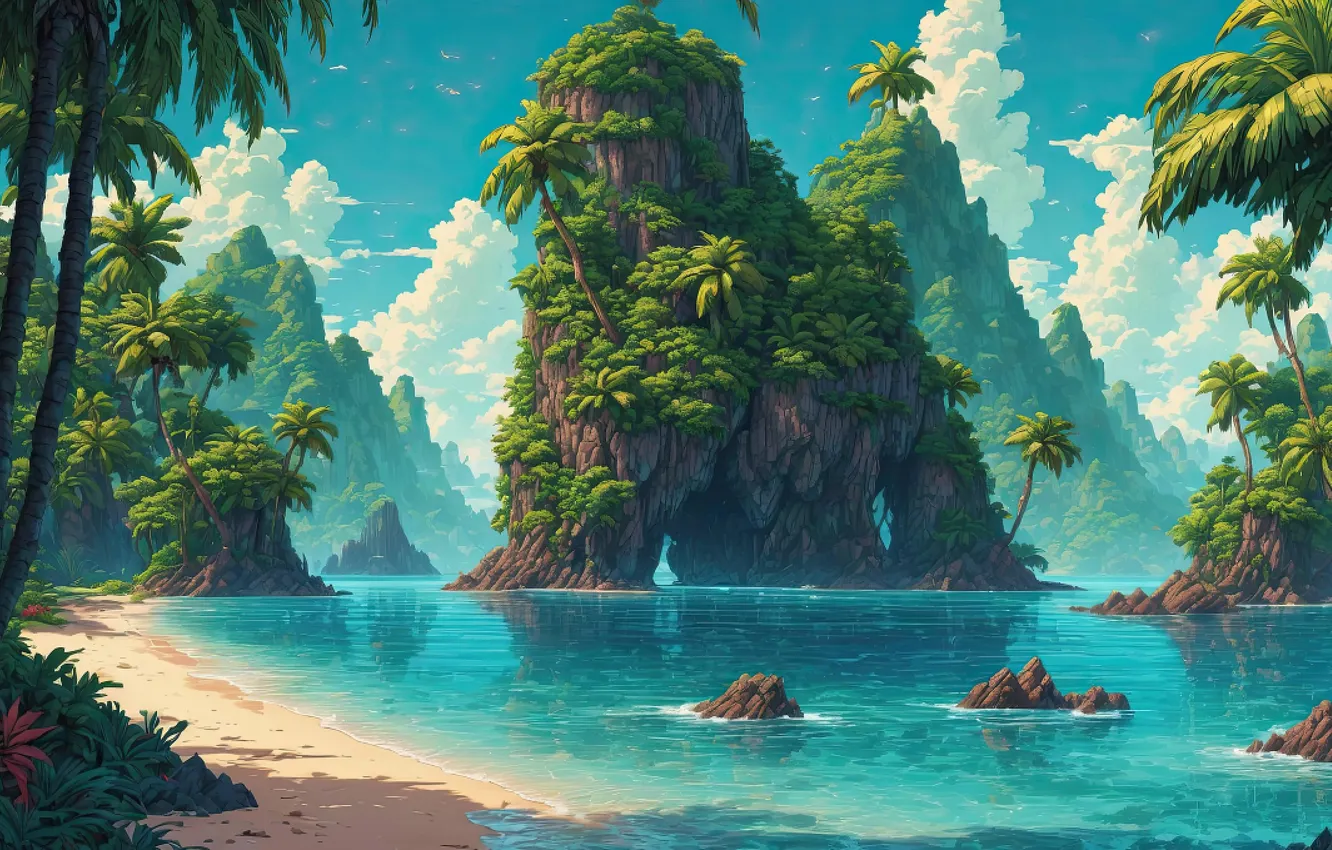 Photo wallpaper beach, the sky, water, clouds, palm trees, figure, pixels