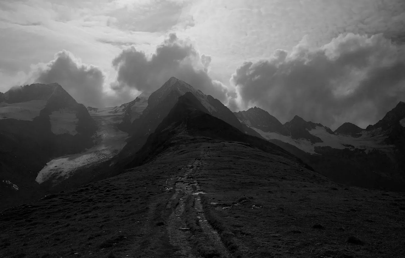 Photo wallpaper Europe, snow, black and white, Austria, Glacier, b/w, near Obergurgl in Austria, Rootmos glacier