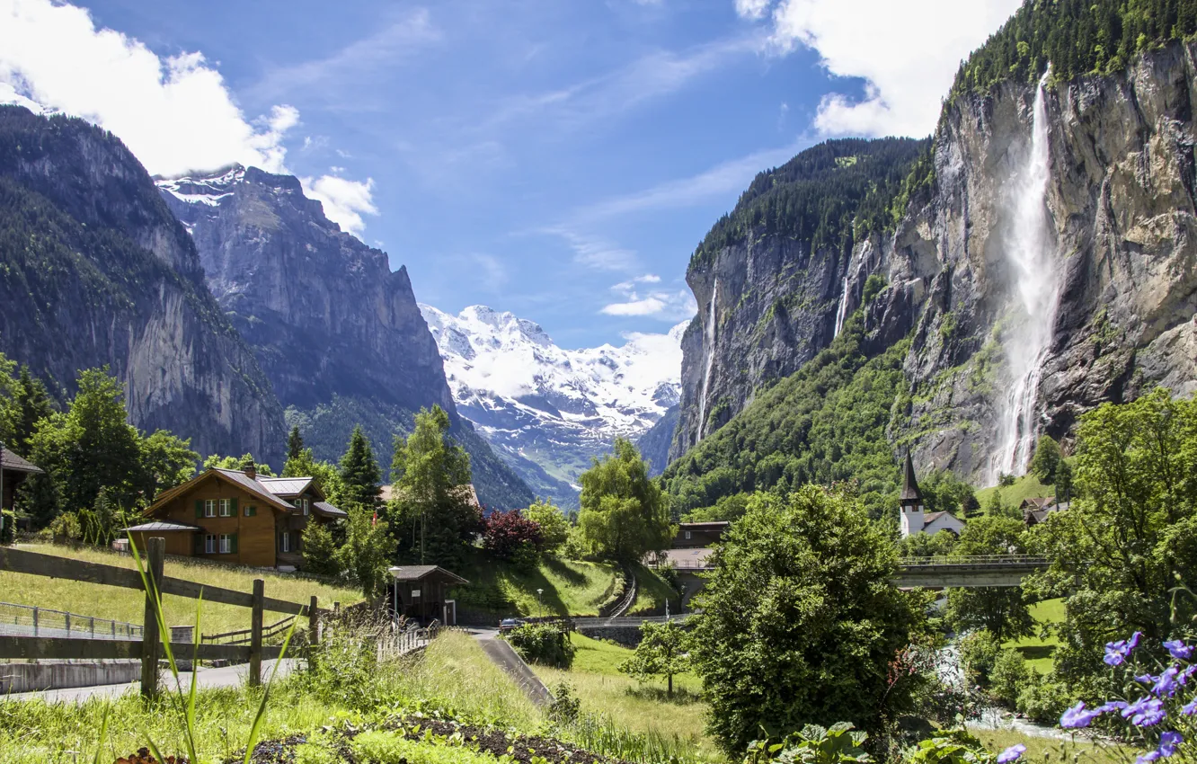 Photo wallpaper mountains, waterfall, Switzerland, Alps, Lauterbrunnen, Staubbach