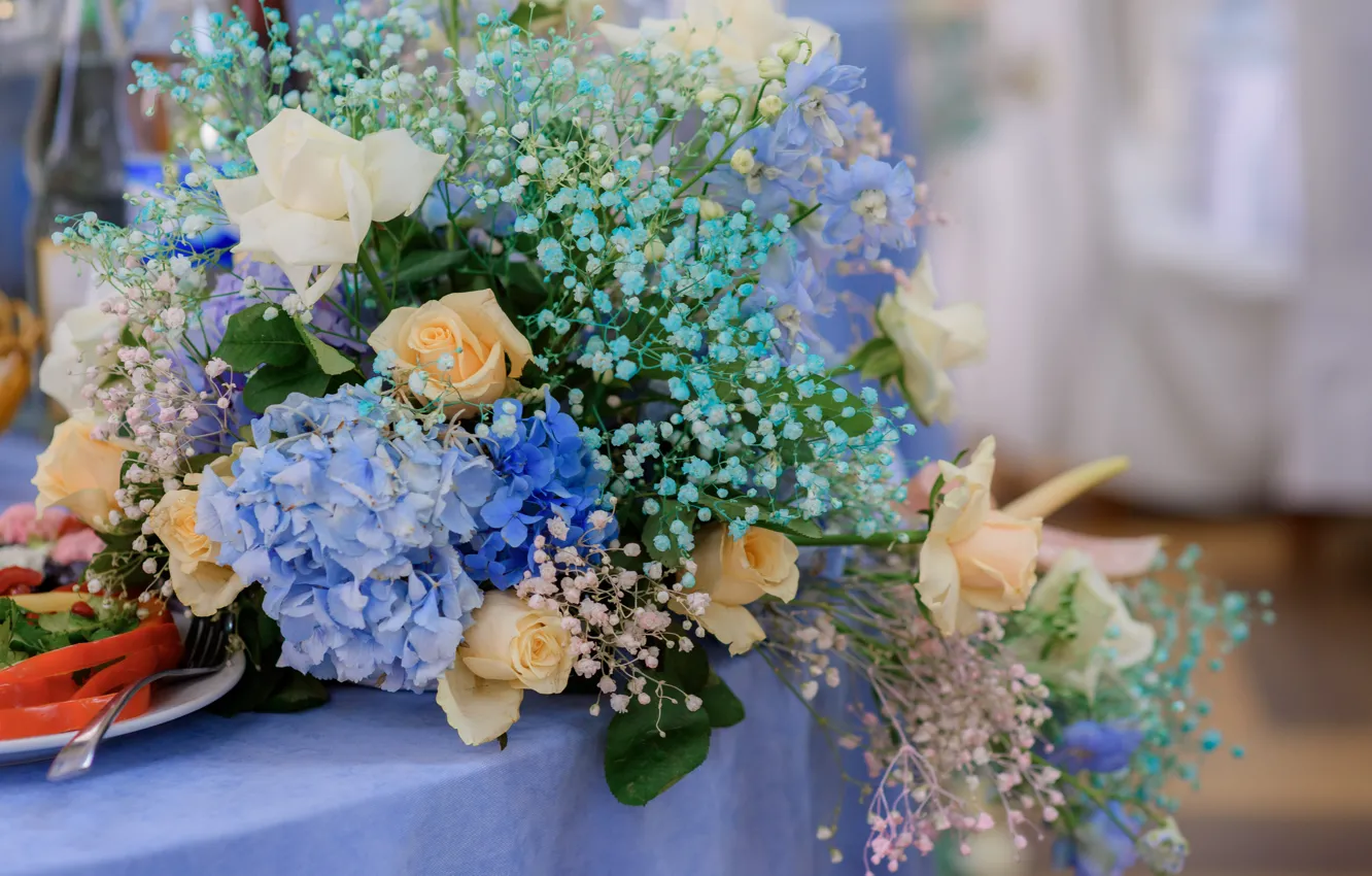 Photo wallpaper flowers, roses, bouquet, hydrangea, gypsophila
