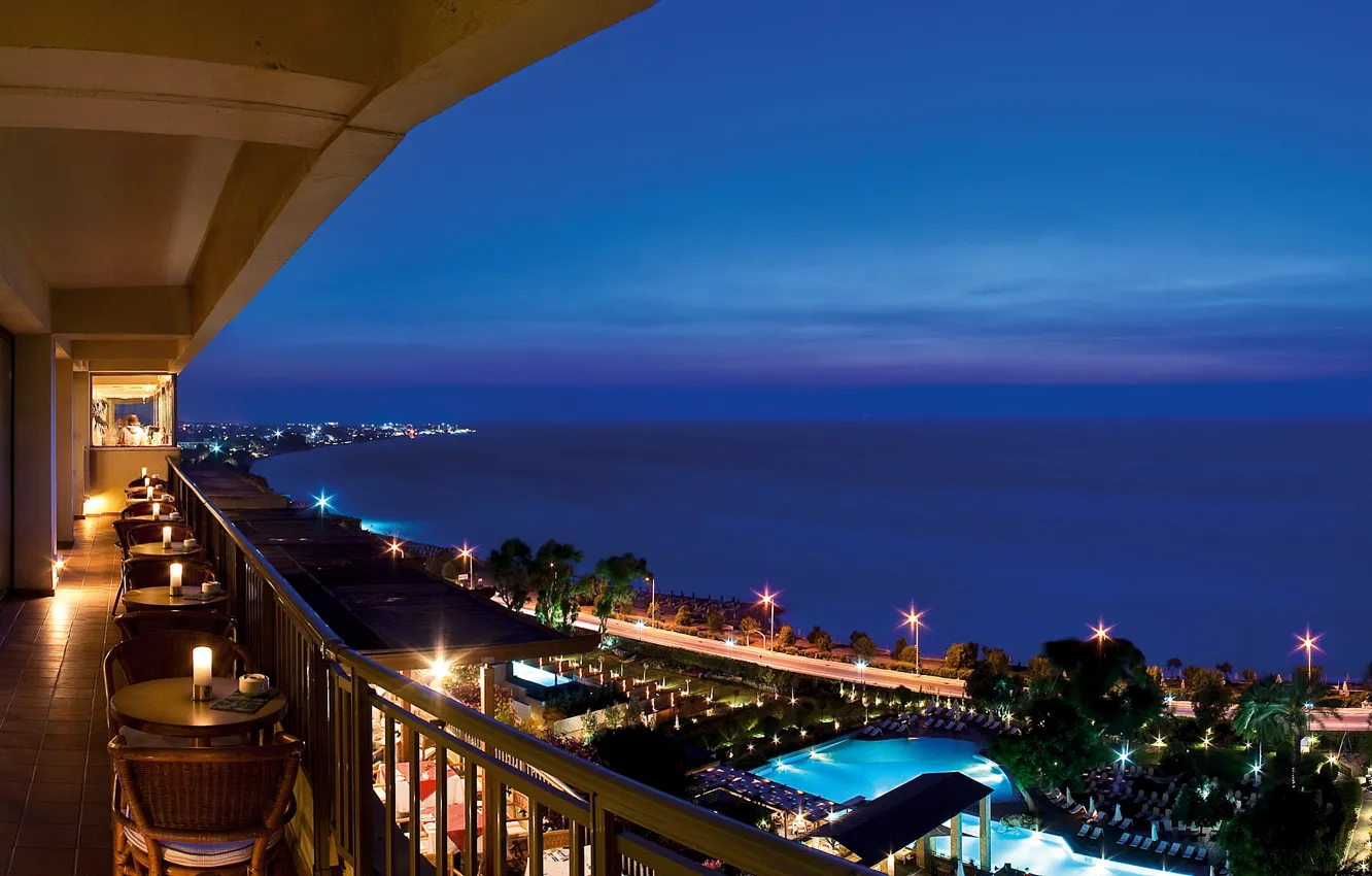 Photo wallpaper sea, the city, lights, the evening, restaurant, terrace