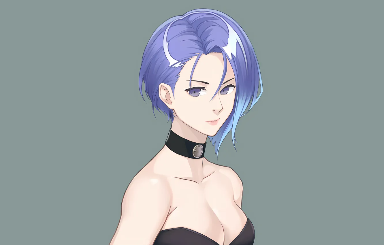 Photo wallpaper girl, sexy, cleavage, blouse, boobs, anime, beautiful, short hair