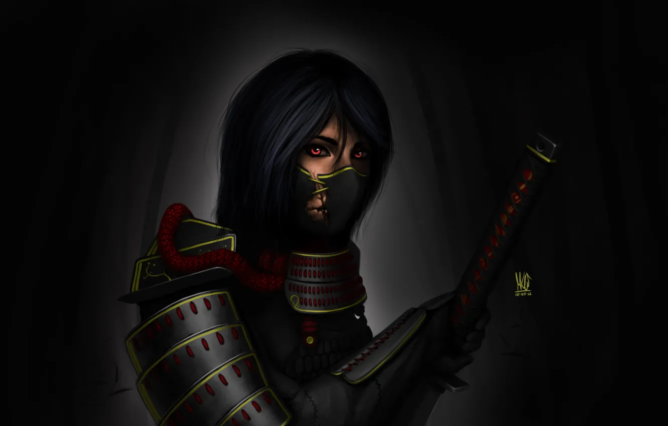 Photo wallpaper girl, the dark background, sword, katana, art, samurai, headband, armor