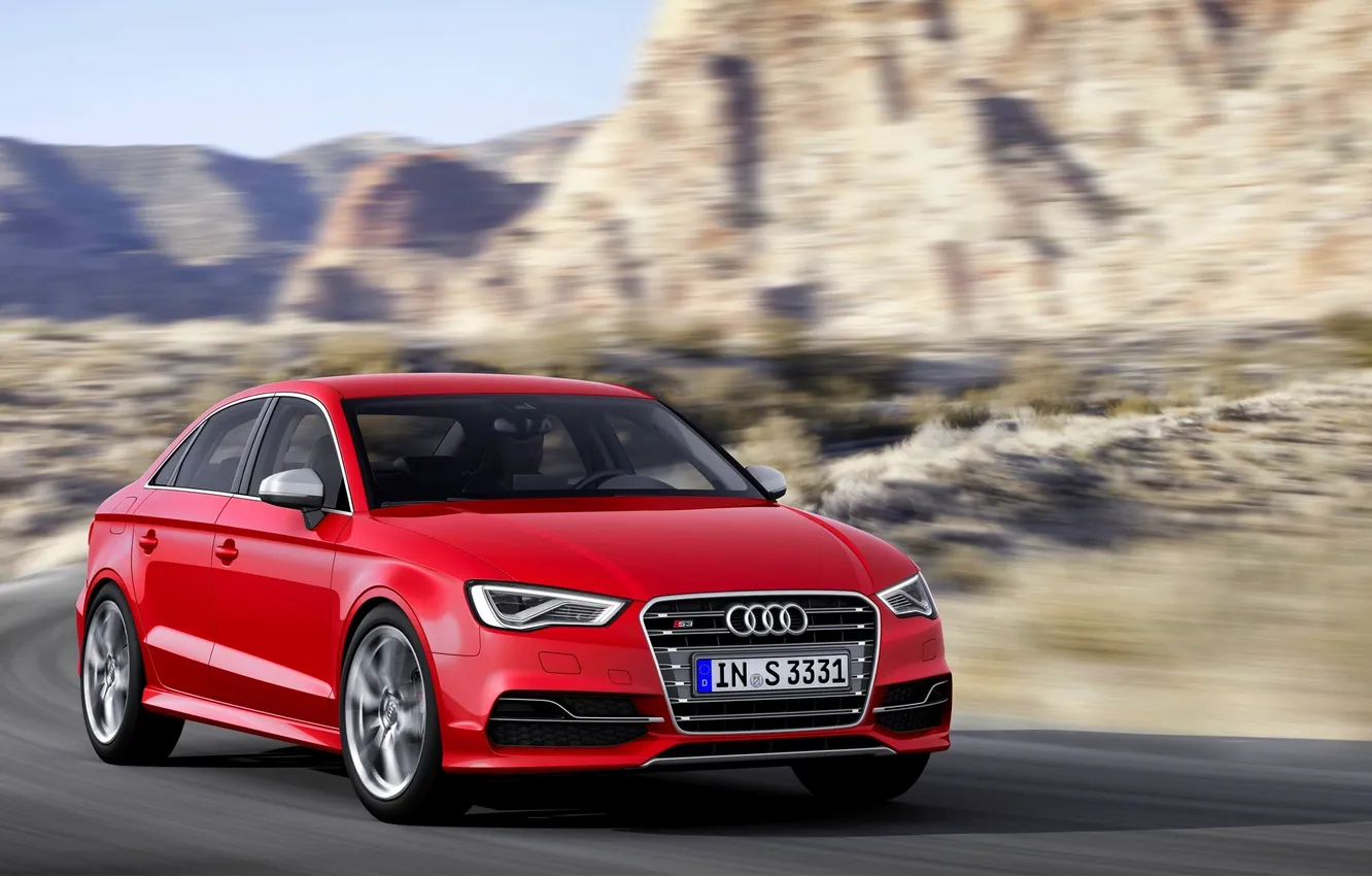 Photo wallpaper red, Audi, The hood, car, in motion, the front, Sedan