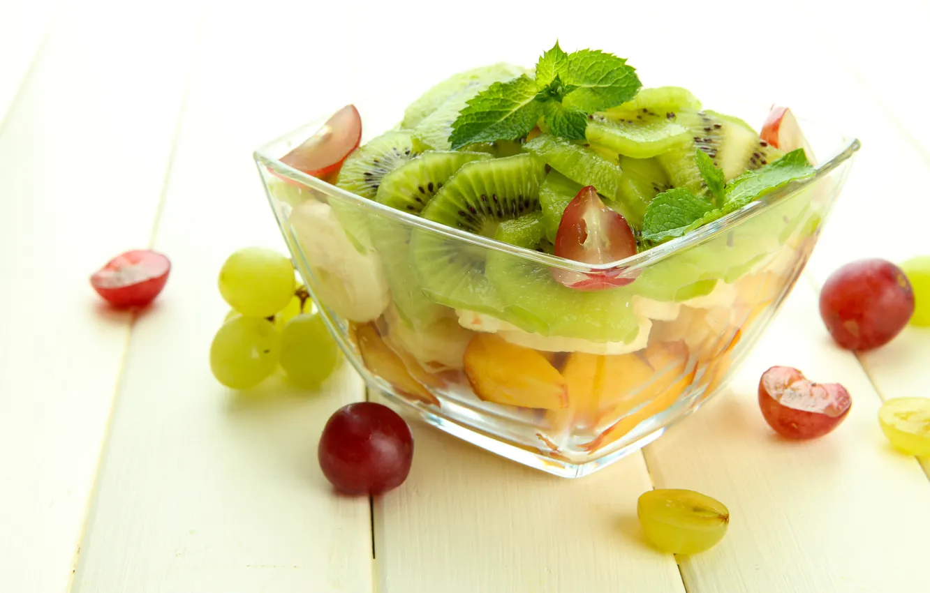 Photo wallpaper kiwi, grapes, peaches, dessert, peach, grapes, dessert, kiwi