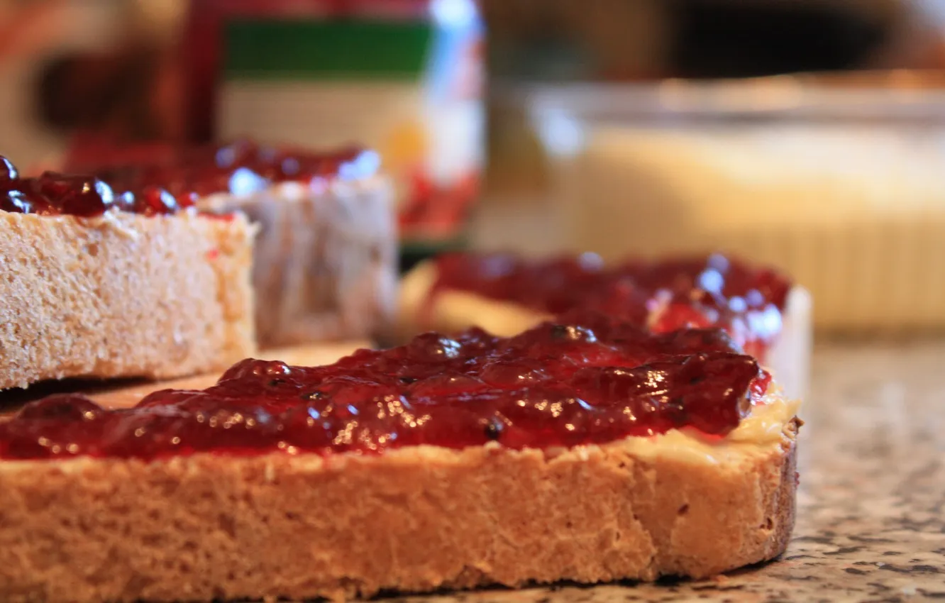 Photo wallpaper macro, berries, food, bread, delicious, jam, filling, sandwiches