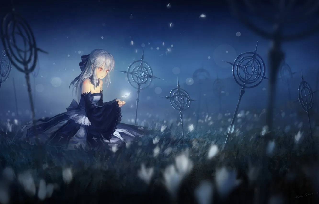 Photo wallpaper girl, night, glade, petals, art, sitting, pixiv fantasia, hjl