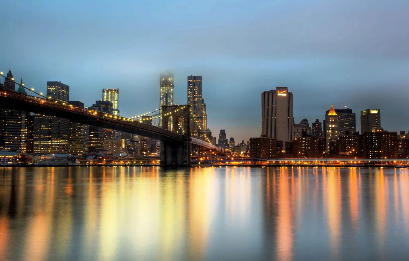 Photo wallpaper the city, New York, skyscrapers, the evening, USA, Brooklyn bridge, NYC, New York City