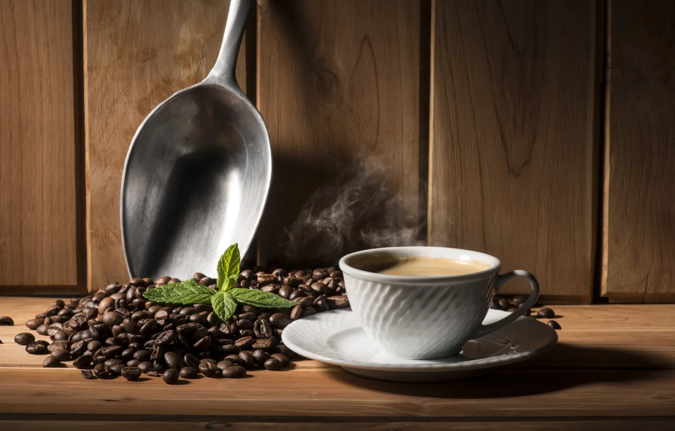 Photo wallpaper coffee, grain, Cup, hot, cup, beans, coffee