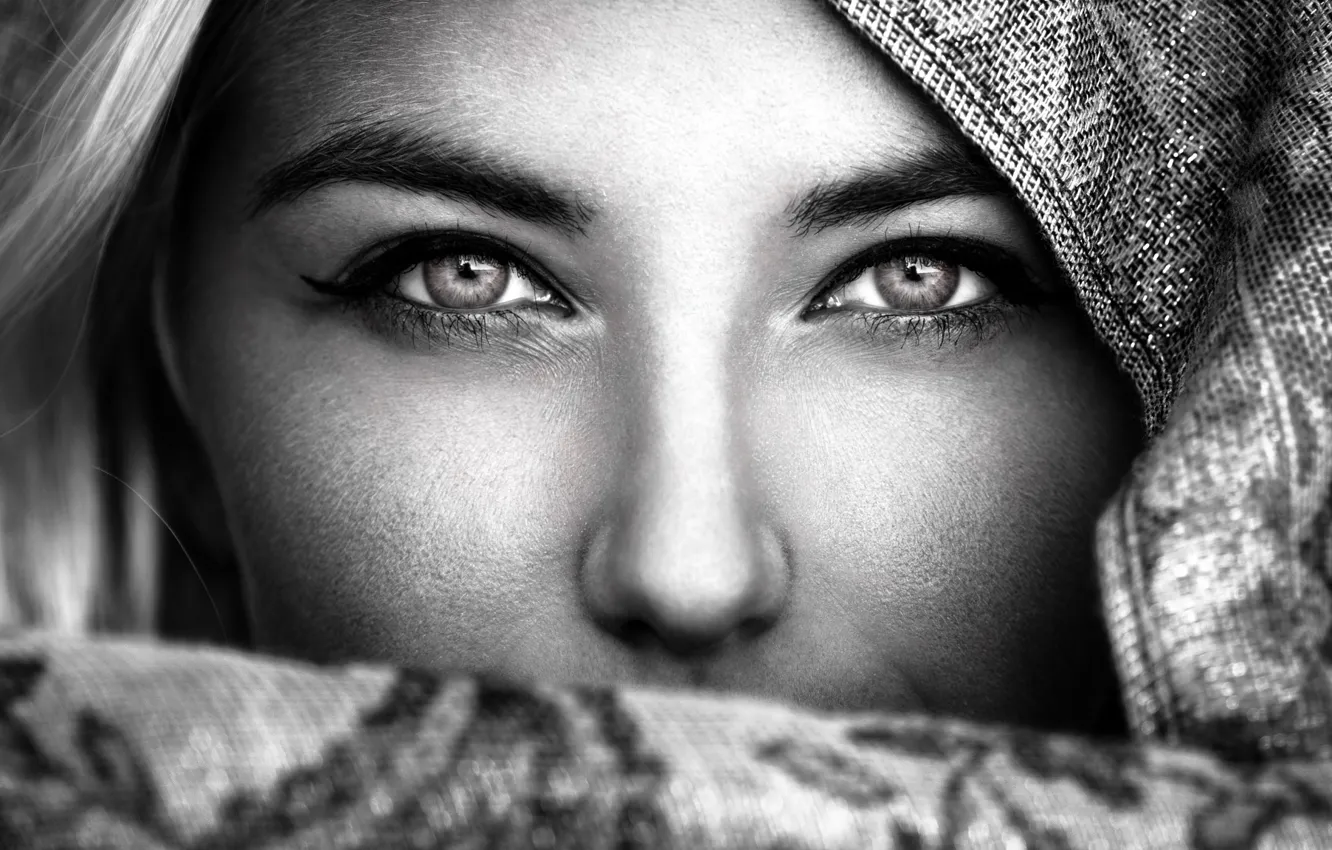Photo wallpaper eyes, look, girl, scarf, shawl, black and white photo