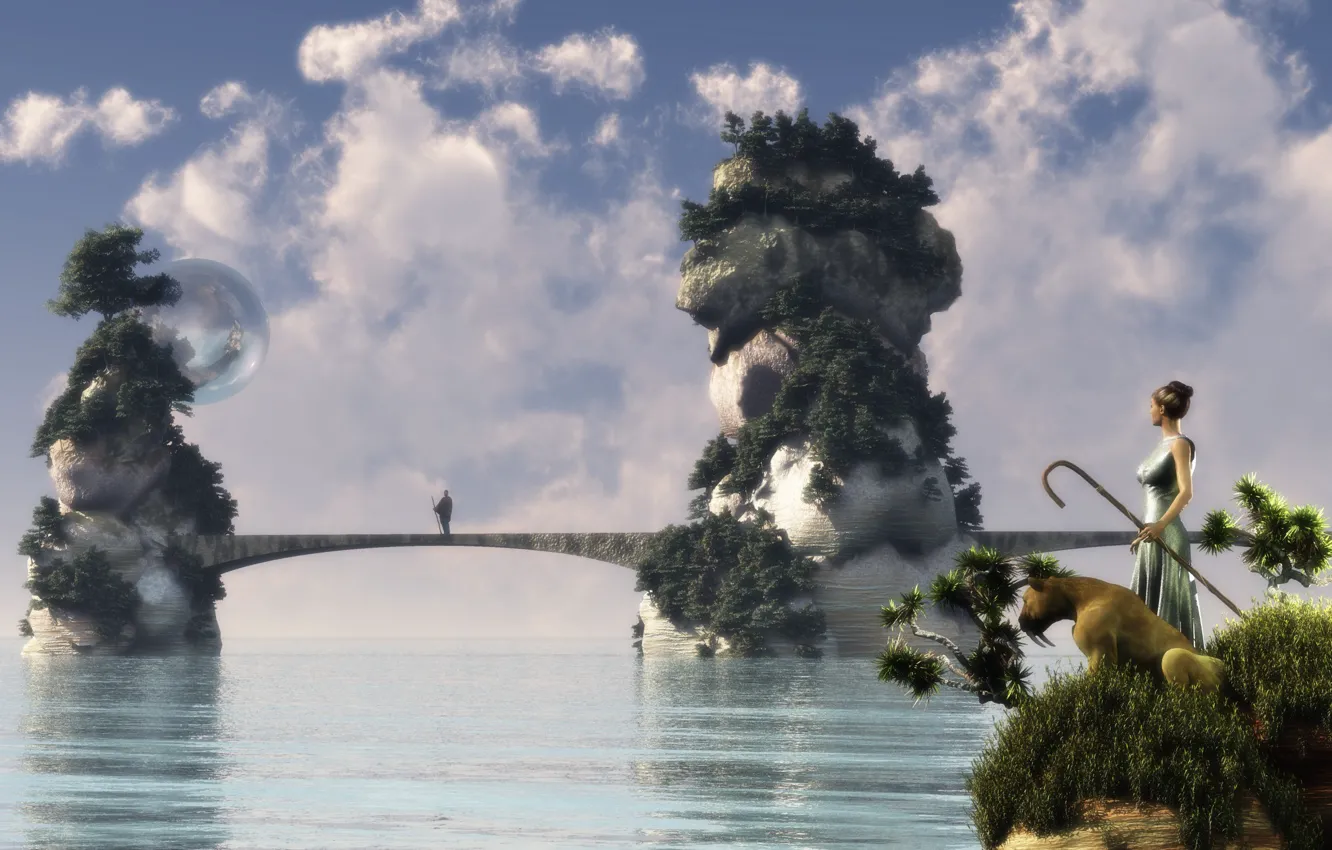 Photo wallpaper the sky, water, girl, bridge, animal, people