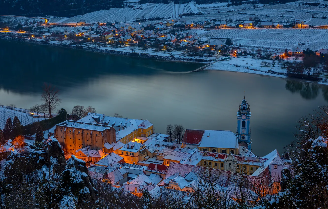 Photo wallpaper snow, river, building, home, Austria, panorama, Austria, Danube River