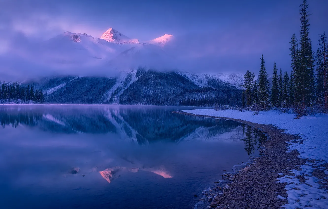 Photo wallpaper winter, trees, mountains, lake, reflection, Canada, Ontario, Canada