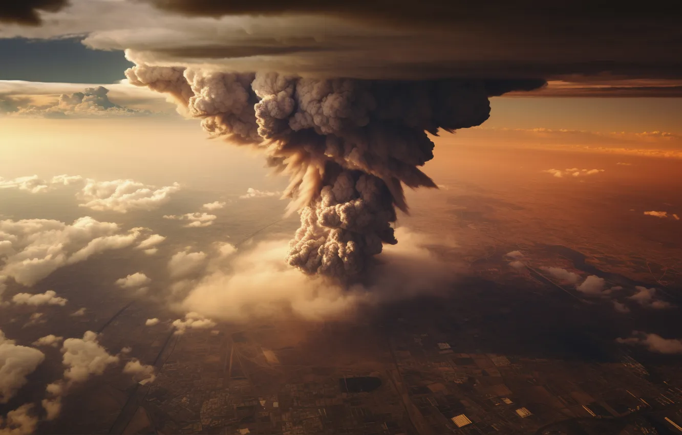 Photo wallpaper clouds, the explosion, mushrooms, a nuclear explosion, digital art, nuclear weapons, AI art, The Art …