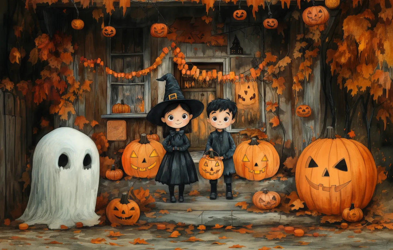 Photo wallpaper autumn, children, holiday, the scenery, Ghost, AI art, neural network, house