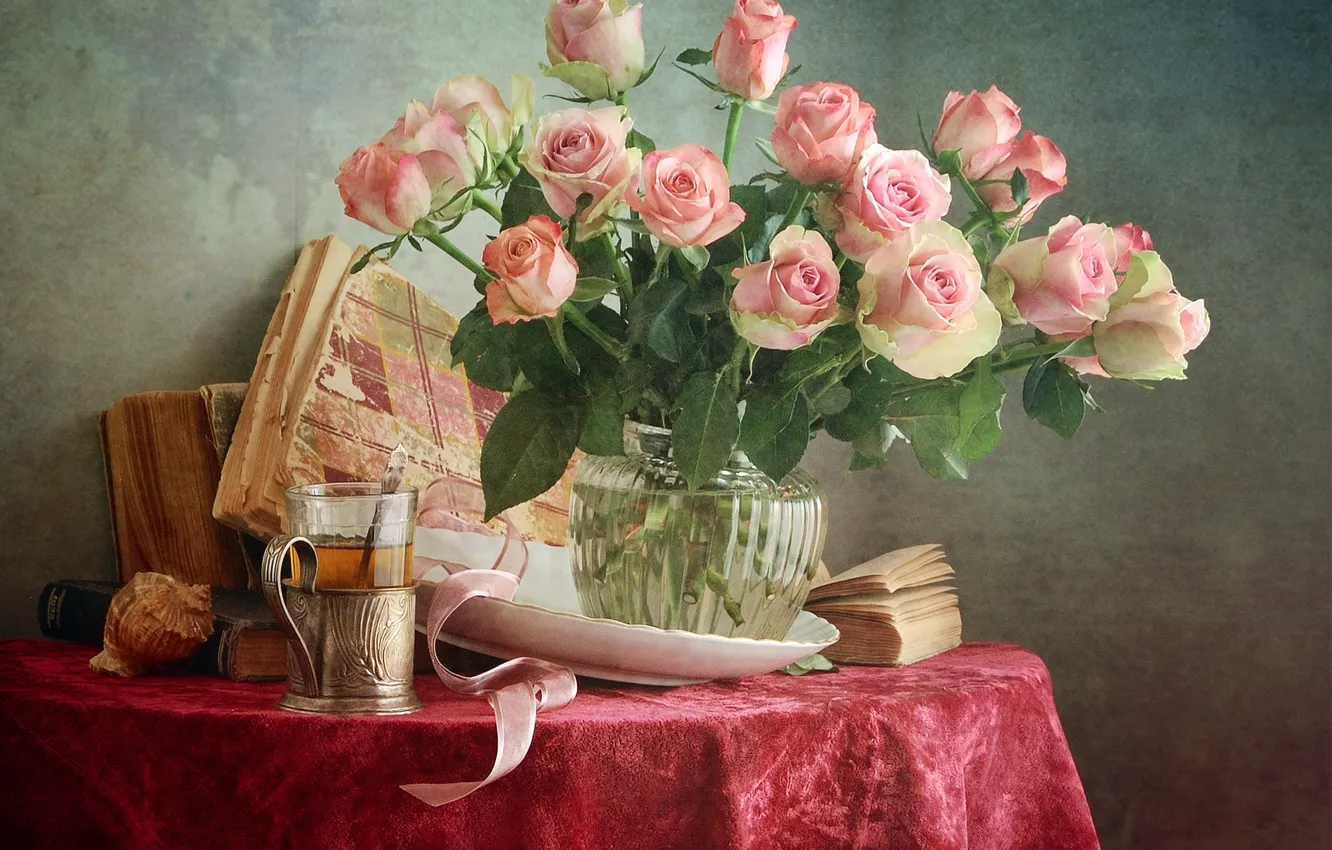 Photo wallpaper glass, retro, table, tea, books, roses, bouquet, shell