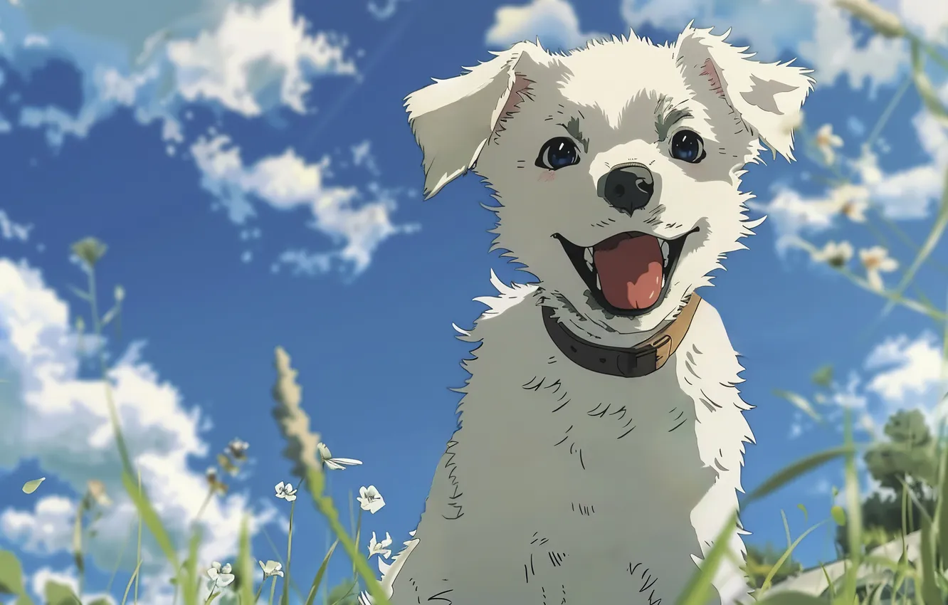 Photo wallpaper white, look, face, dog, art, puppy, collar, digital art