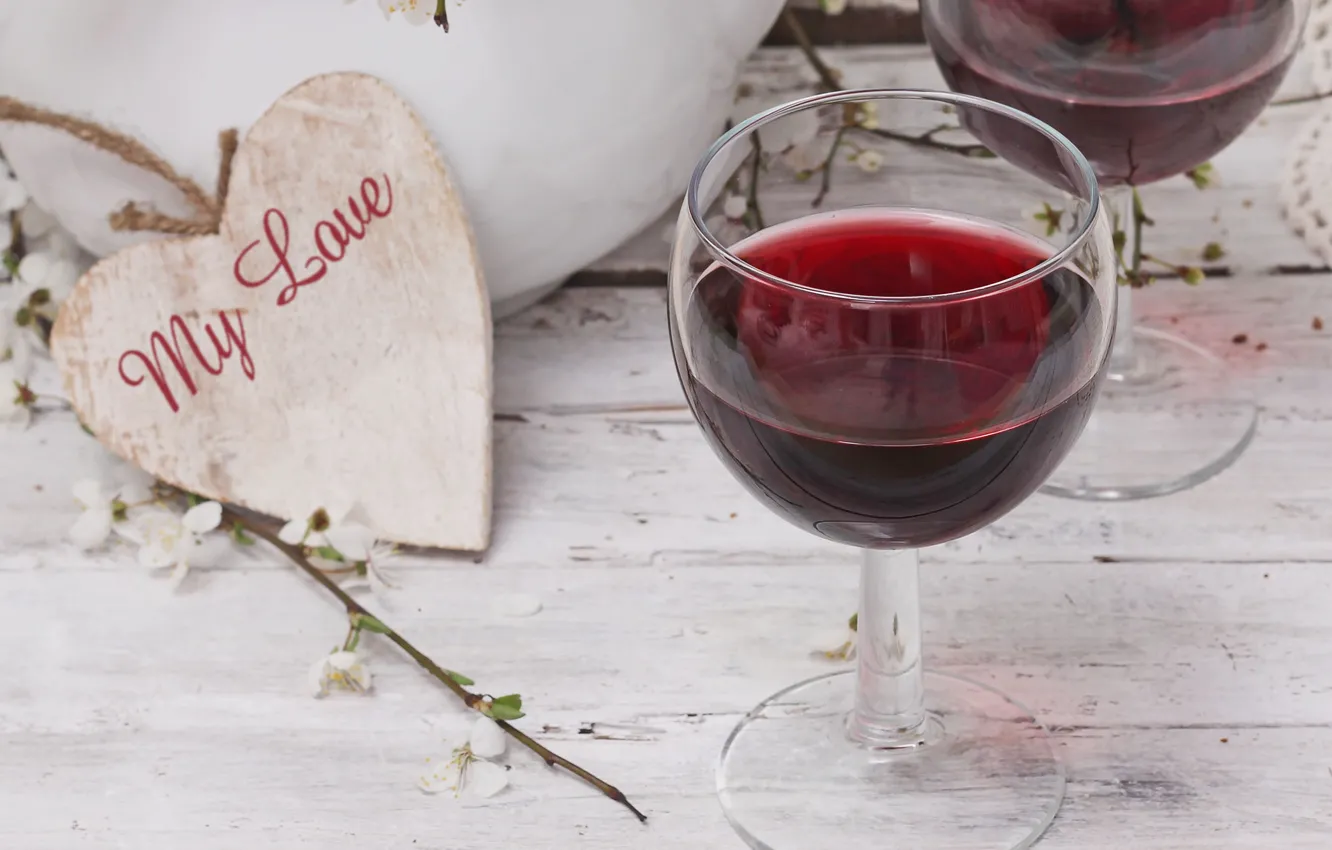Photo wallpaper red, table, wine, glass, hearts