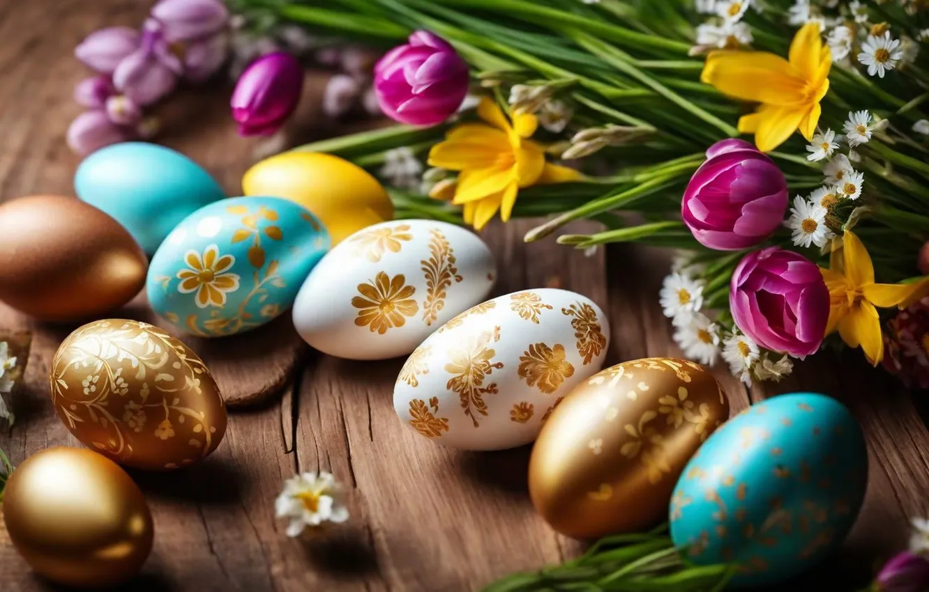 Photo wallpaper flowers, eggs, spring, colorful, Easter, flowers, spring, Easter