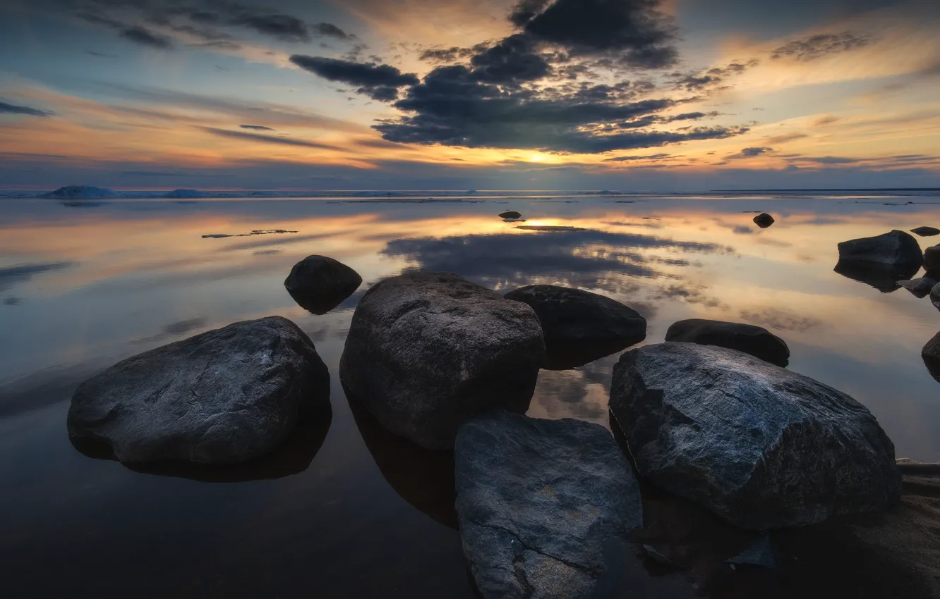 Photo wallpaper Sunset, Water, Clouds, Reflection, The evening, Stones, Reservoir, Water Mirror