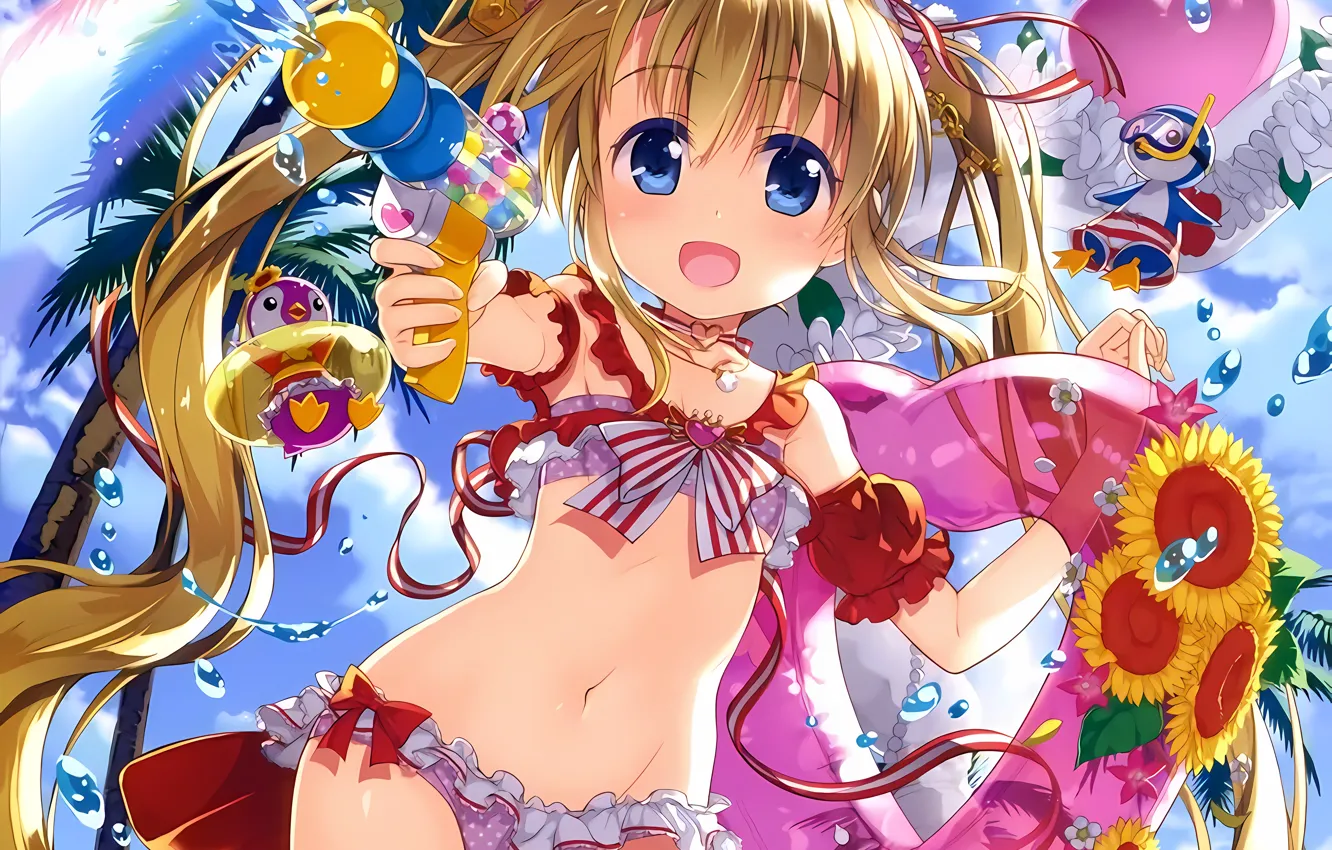 Photo wallpaper girl, sexy, cleavage, long hair, boobs, anime, water, blue eyes