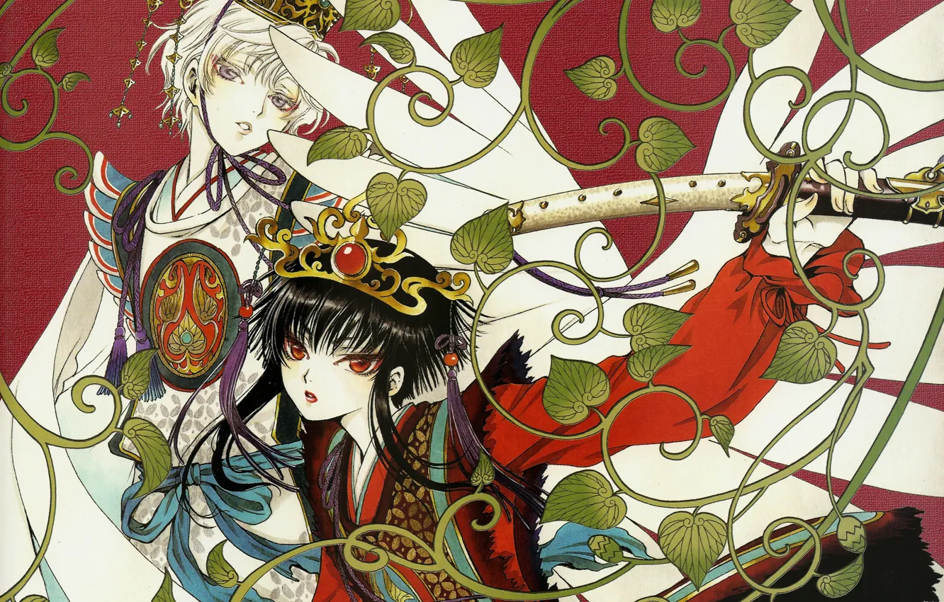 Photo wallpaper leaves, katana, crown, red eyes, Hana, arm, white wings, Tkugawa Lemits Of