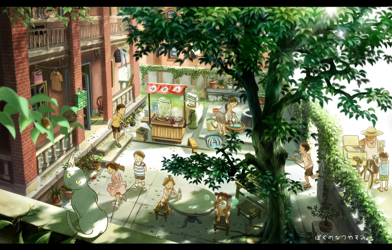 Photo wallpaper cat, children, childhood, mood, stay, the game, anime, patio