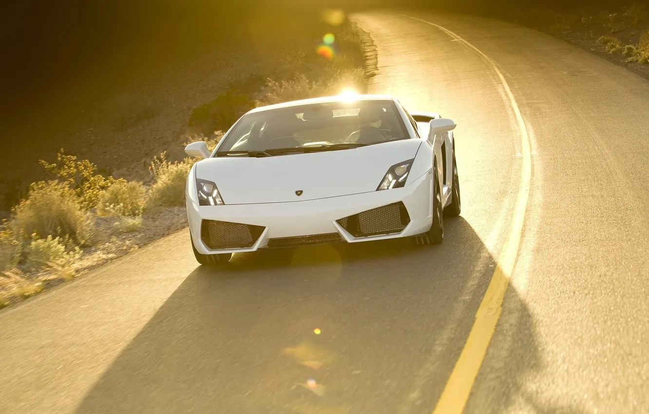 Photo wallpaper road, car, glare, lighting, white, Lamborghini Gallardo