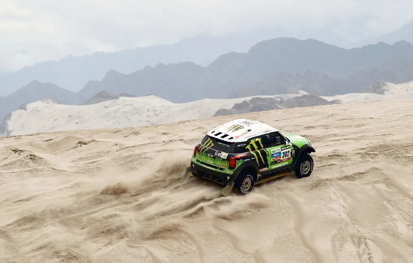 Photo wallpaper sand, machine, green, sport, Mini, dunes, Mini Cooper, Rally