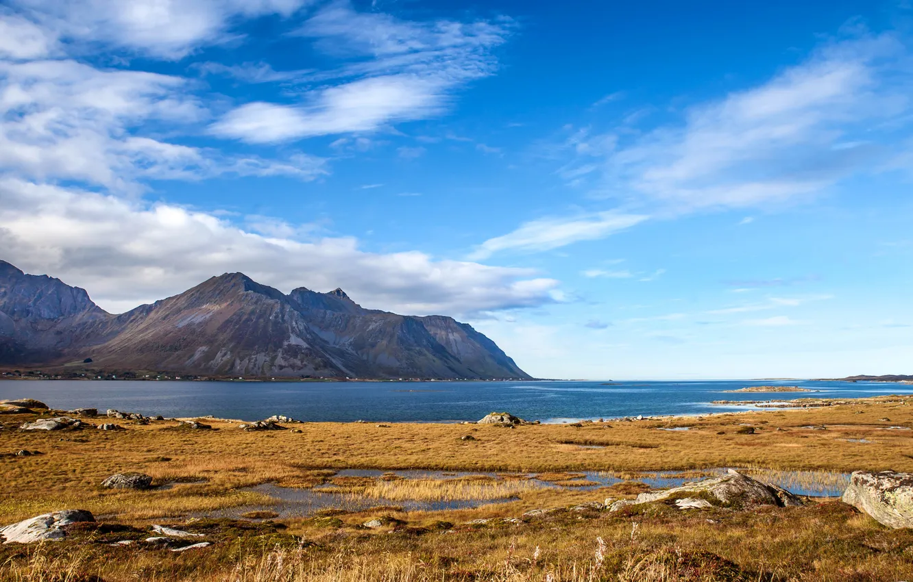 Photo wallpaper sea, autumn, the sky, mountains, lake, stones