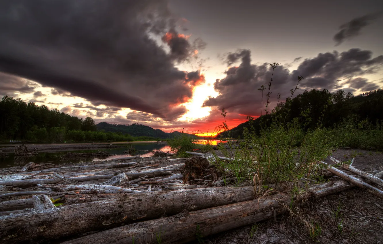 Photo wallpaper landscape, sunset, river