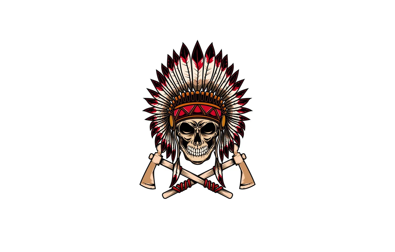 Photo wallpaper skull, feathers, Indian, tomahawks