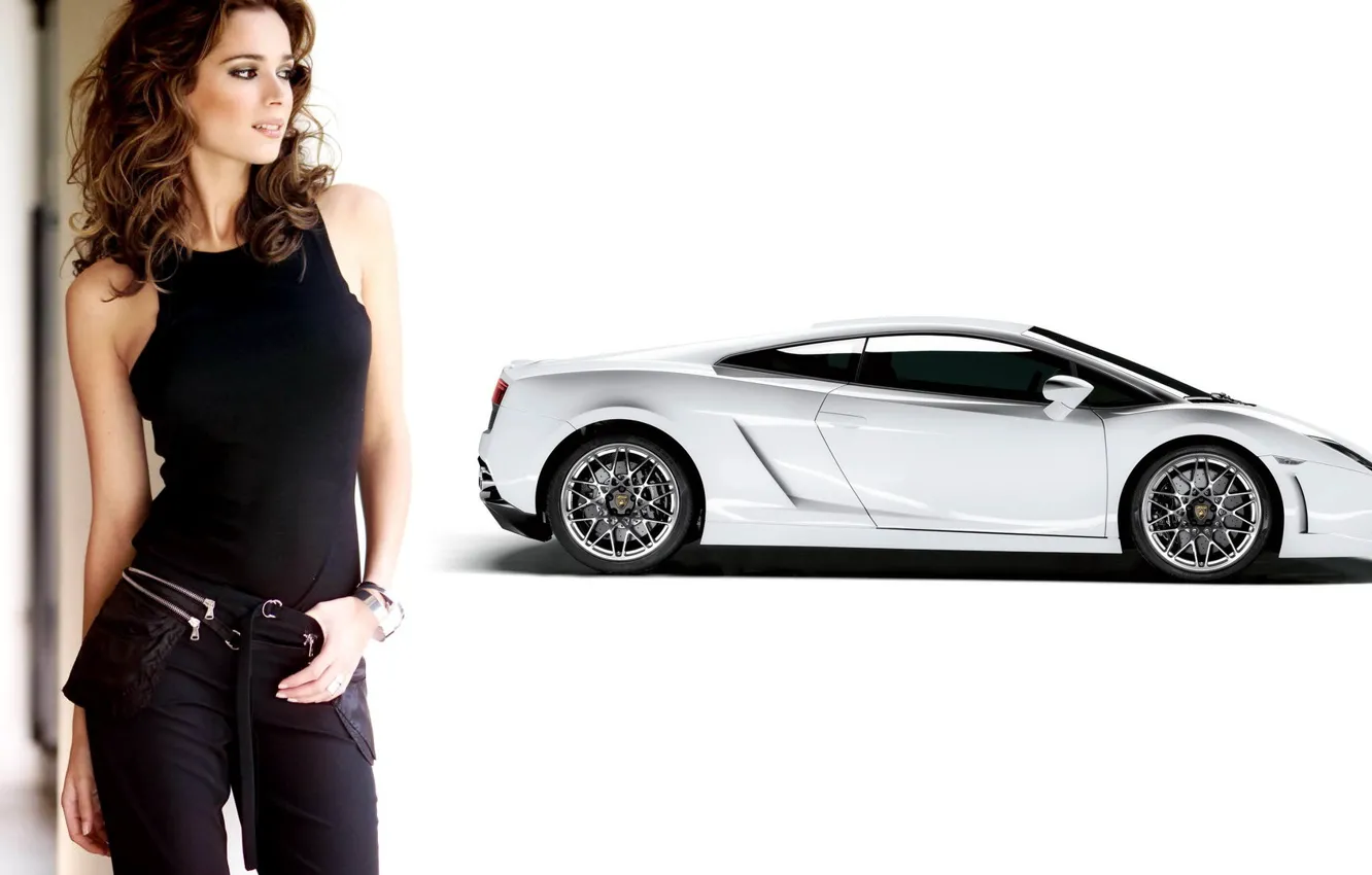 Photo wallpaper look, girl, background, Lamborghini, white car