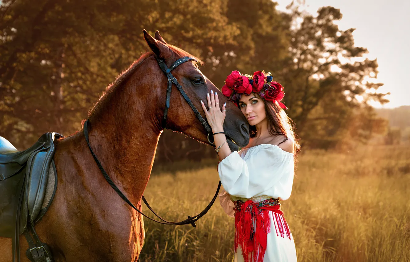 Photo wallpaper girl, animal, horse, horse, brown hair, wreath, Evgeny Kozlov