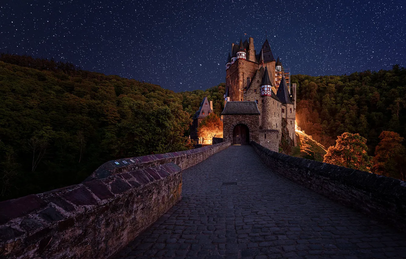 Photo wallpaper road, forest, the sky, landscape, night, bridge, stars, Germany