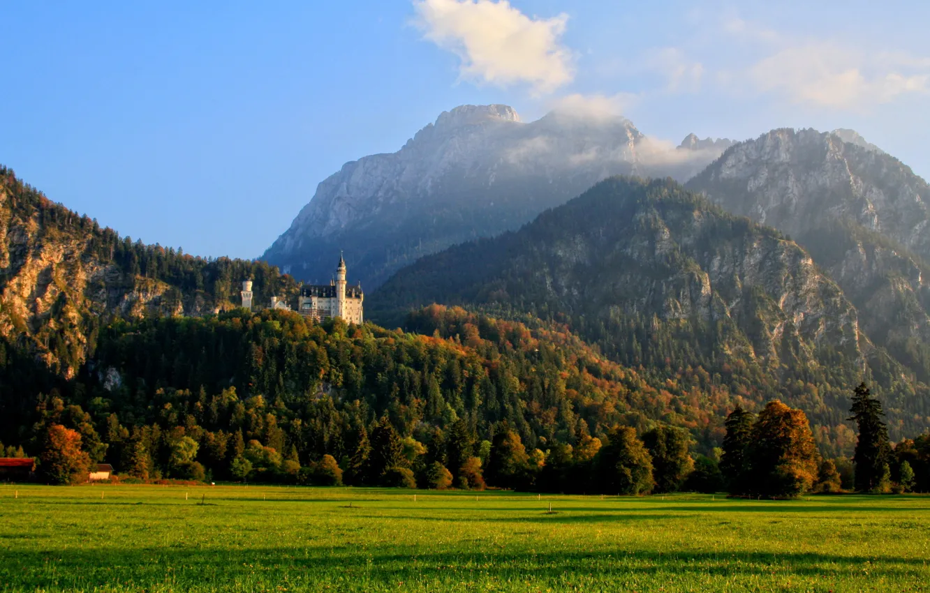 Photo wallpaper forest, clouds, mountains, nature, photo, castle, Germany, Schwangau
