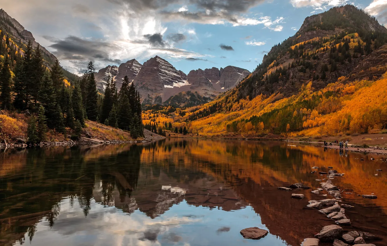 Photo wallpaper autumn, forest, the sky, clouds, snow, mountains, lake, reflection