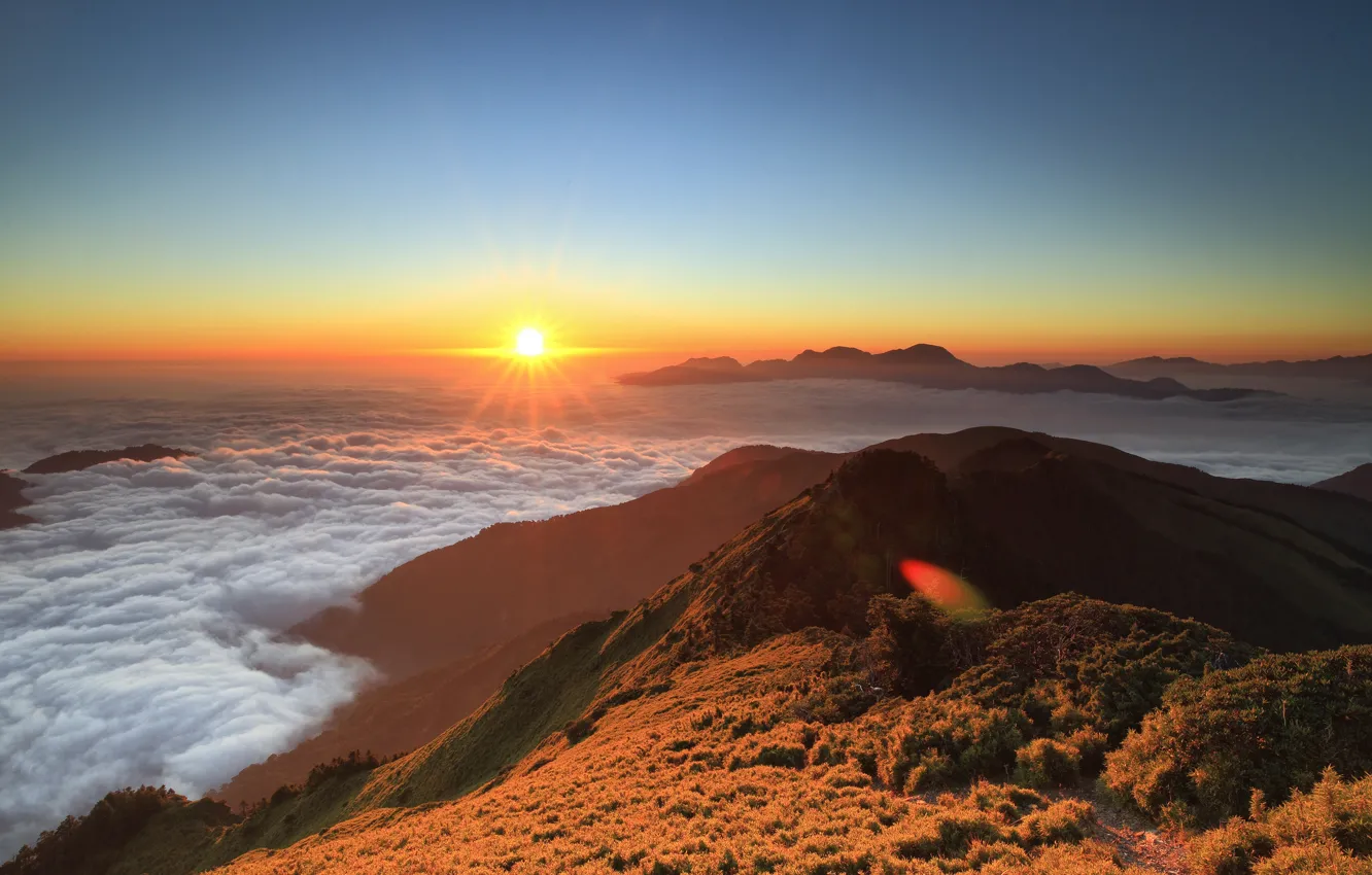 Photo wallpaper the sun, clouds, hills, height