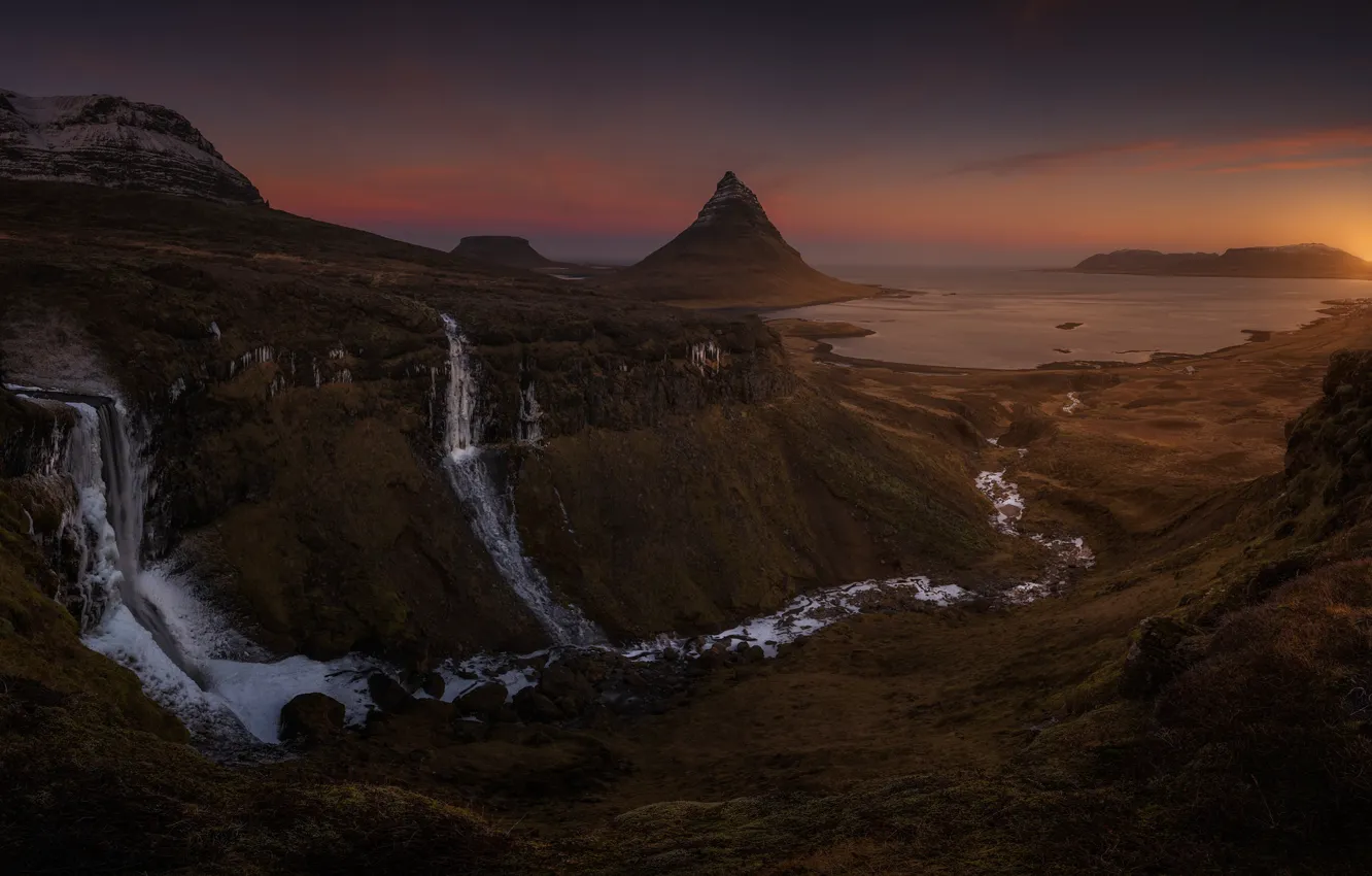 Photo wallpaper sea, rocks, mountain, the evening, waterfalls, Iceland