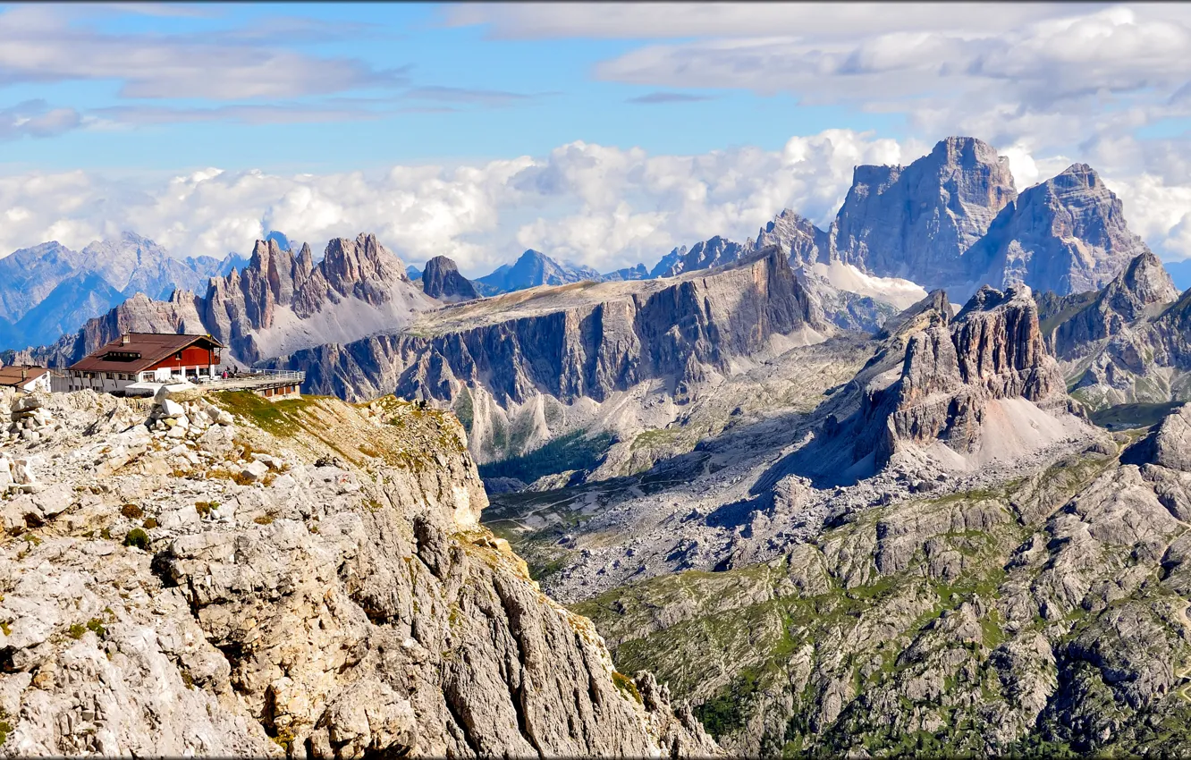 Photo wallpaper the sky, clouds, mountains, house, rocks, Italy, the hotel, The Dolomites