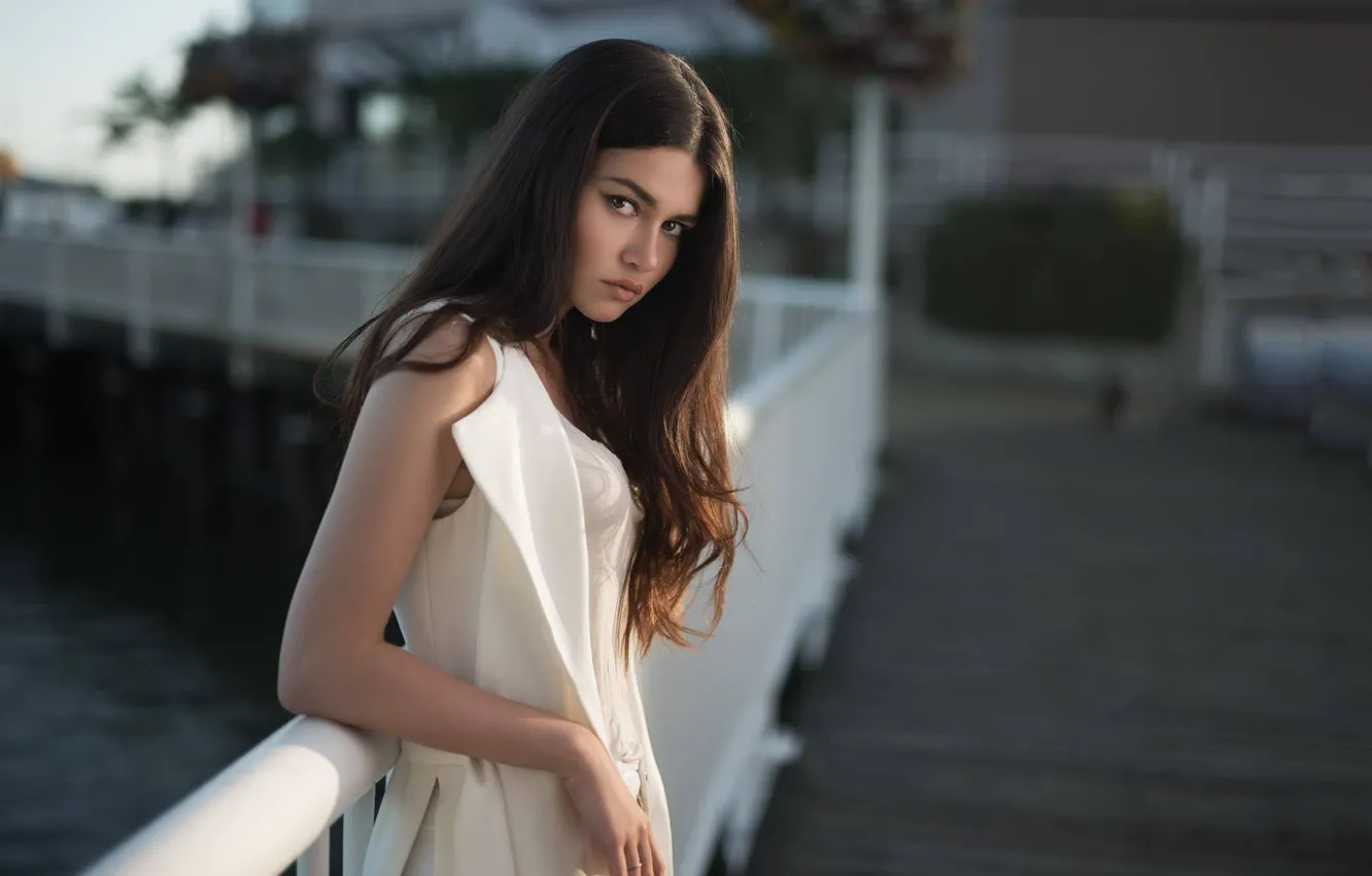 Photo wallpaper look, pose, river, model, portrait, makeup, dress, hairstyle