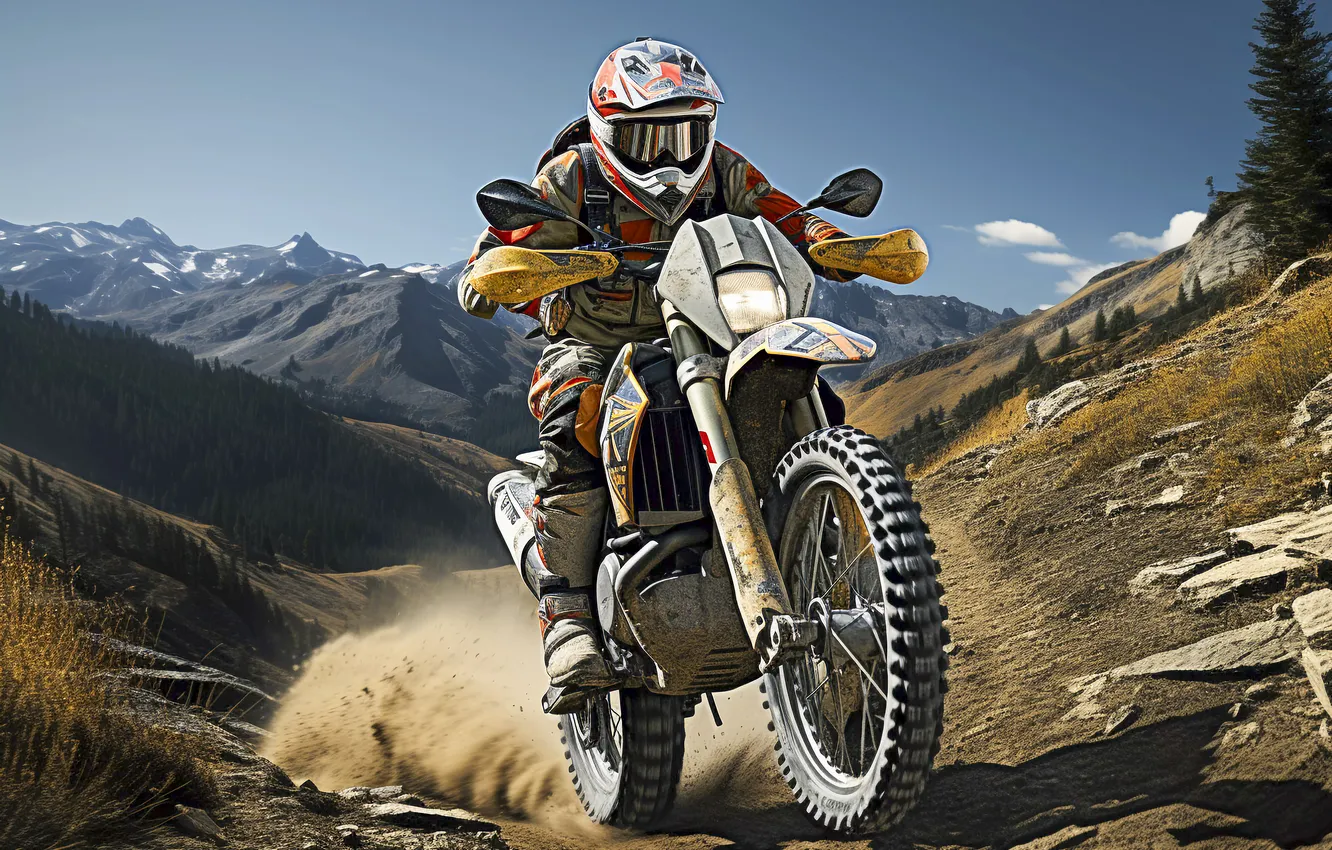 Photo wallpaper mountains, motorcycle, athlete, male, Motorsport, digital art, AI art, The Art of Artificial Intelligence