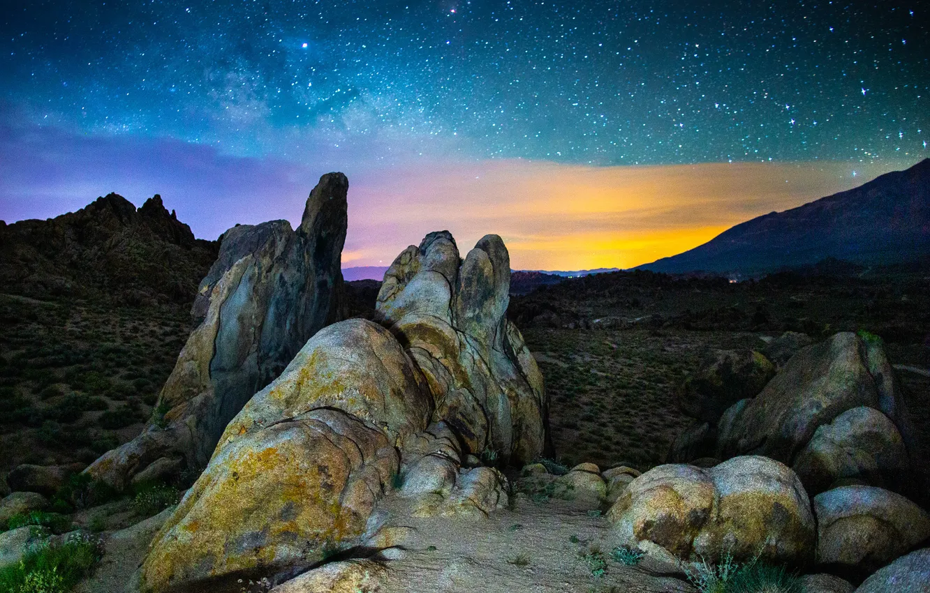 Photo wallpaper stars, light, mountains, night, stones, rocks, USA, the night sky