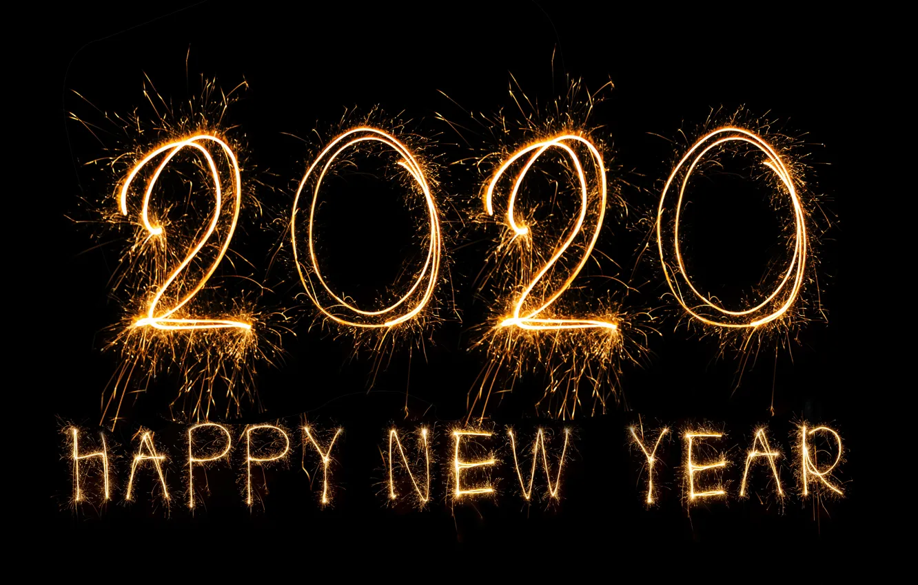 Photo wallpaper lights, new year, salute, golden, black background, New Year, fireworks, Happy