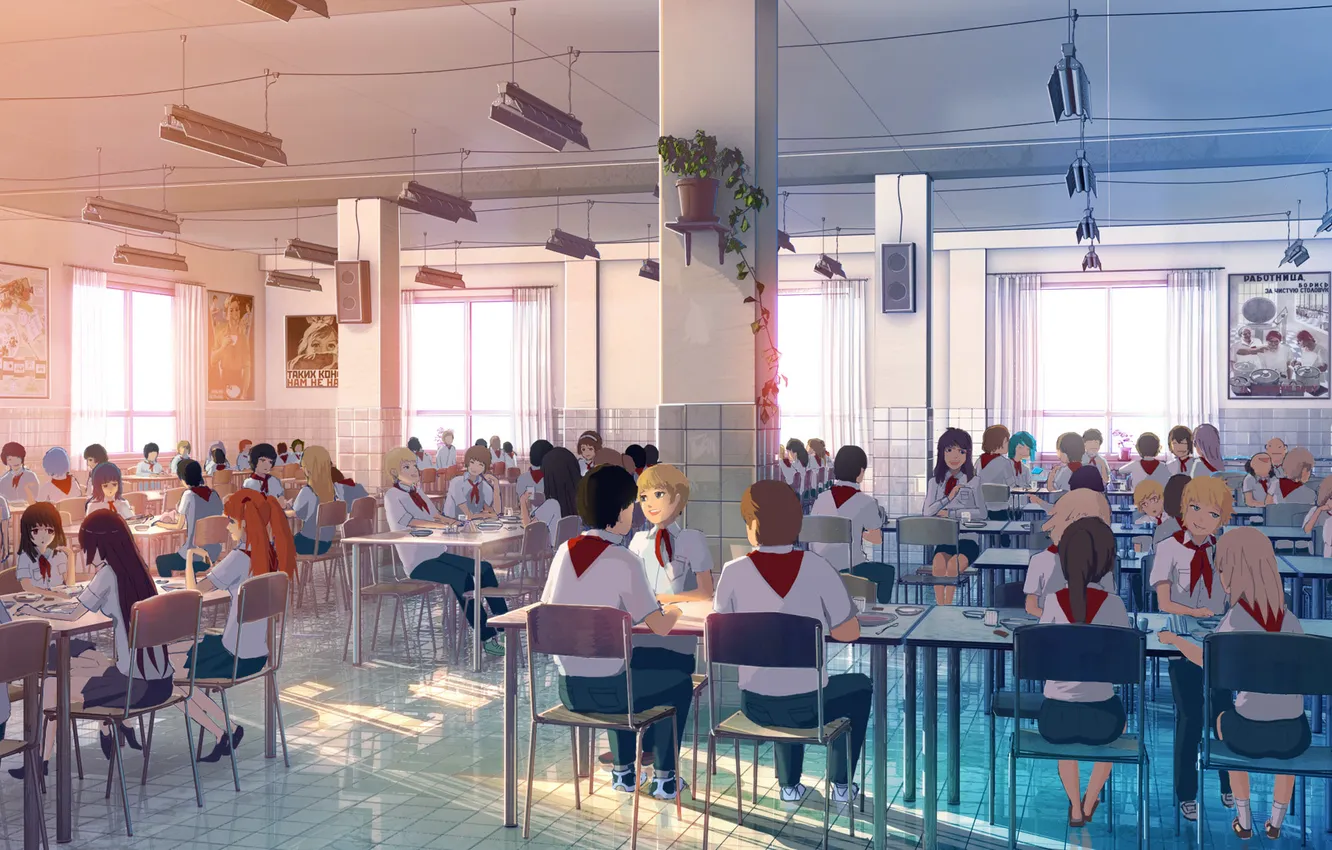 Photo wallpaper children, table, anime, art, chair, pioneer, dining room, camp