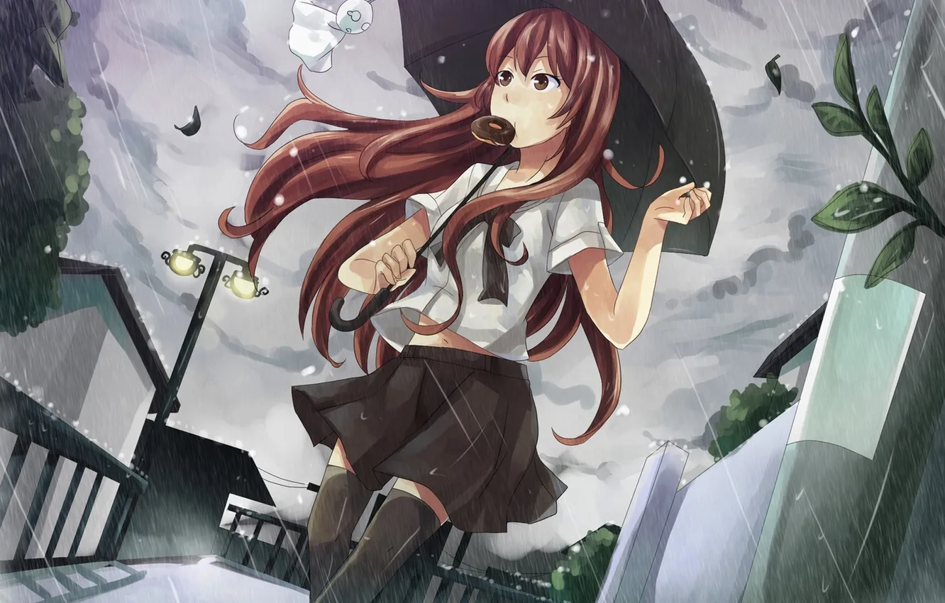 Photo wallpaper the sky, girl, clouds, trees, rain, home, umbrella, anime