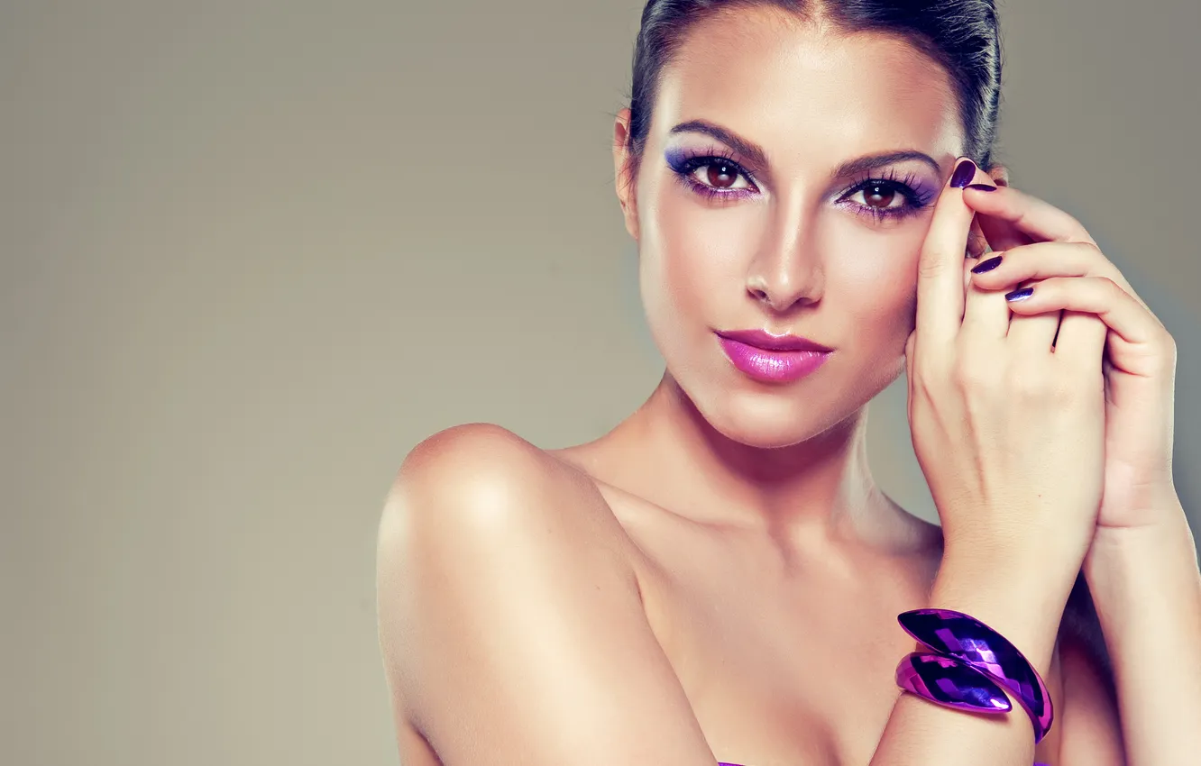 Photo wallpaper look, girl, eyelashes, background, hair, shadow, hands, makeup