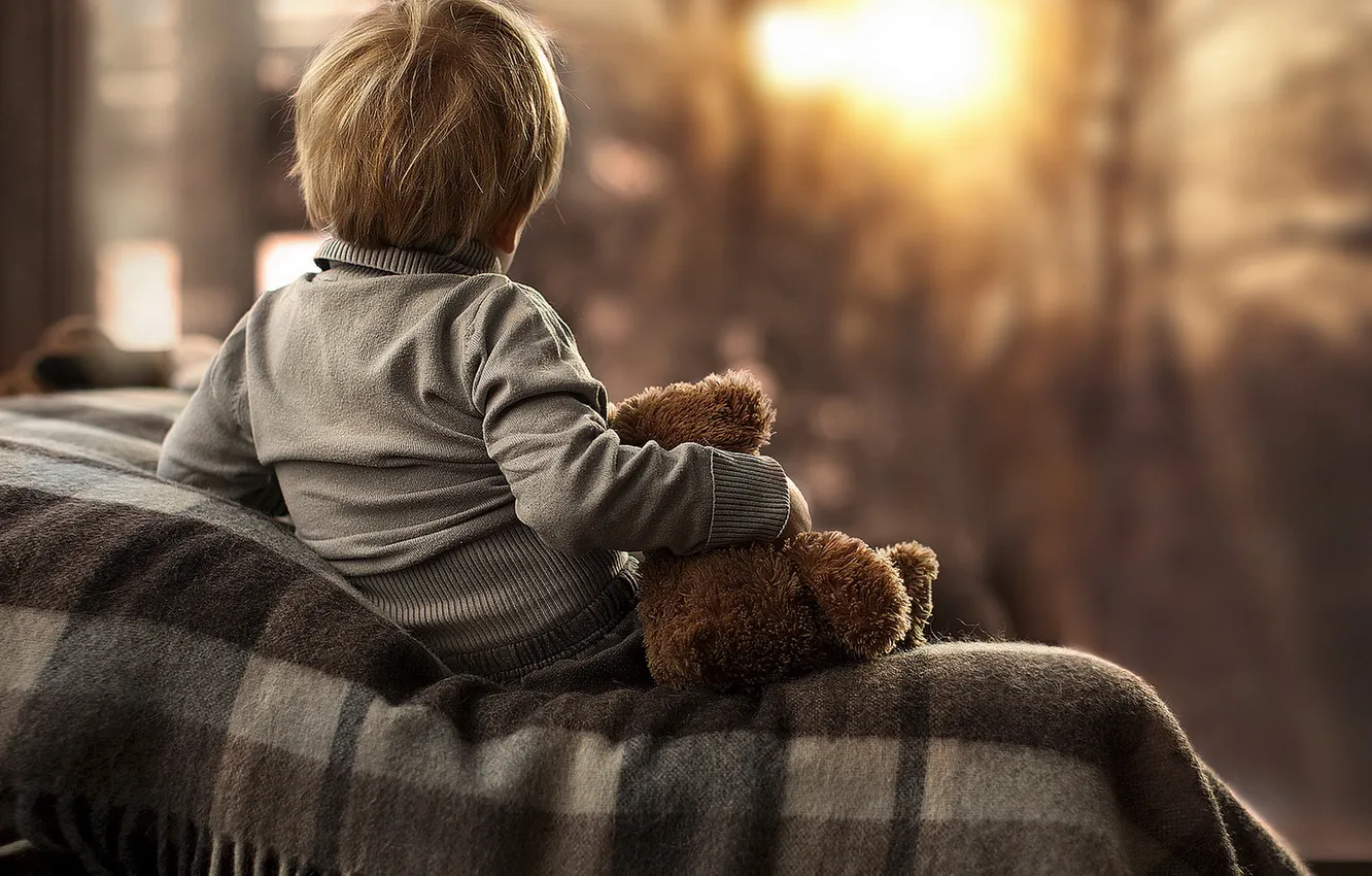 Photo wallpaper children, loneliness, toy, window