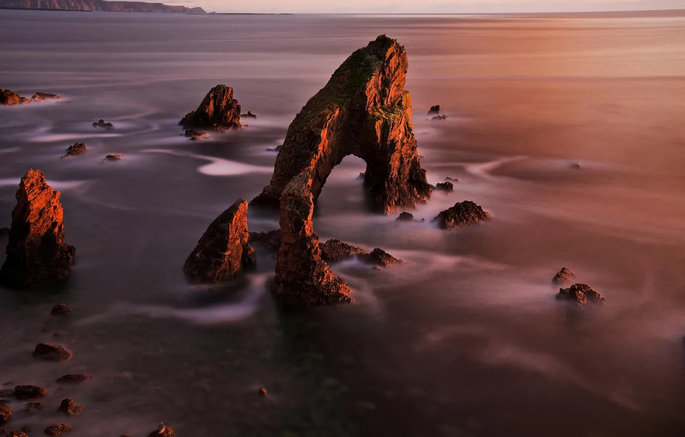 Photo wallpaper sea, landscape, rocks, dawn, arch