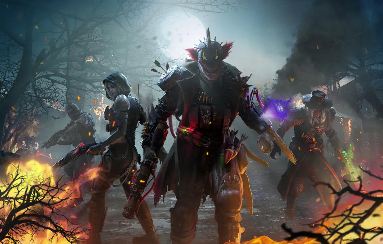 Photo wallpaper trees, night, lights, weapons, the moon, the game, costume, fire